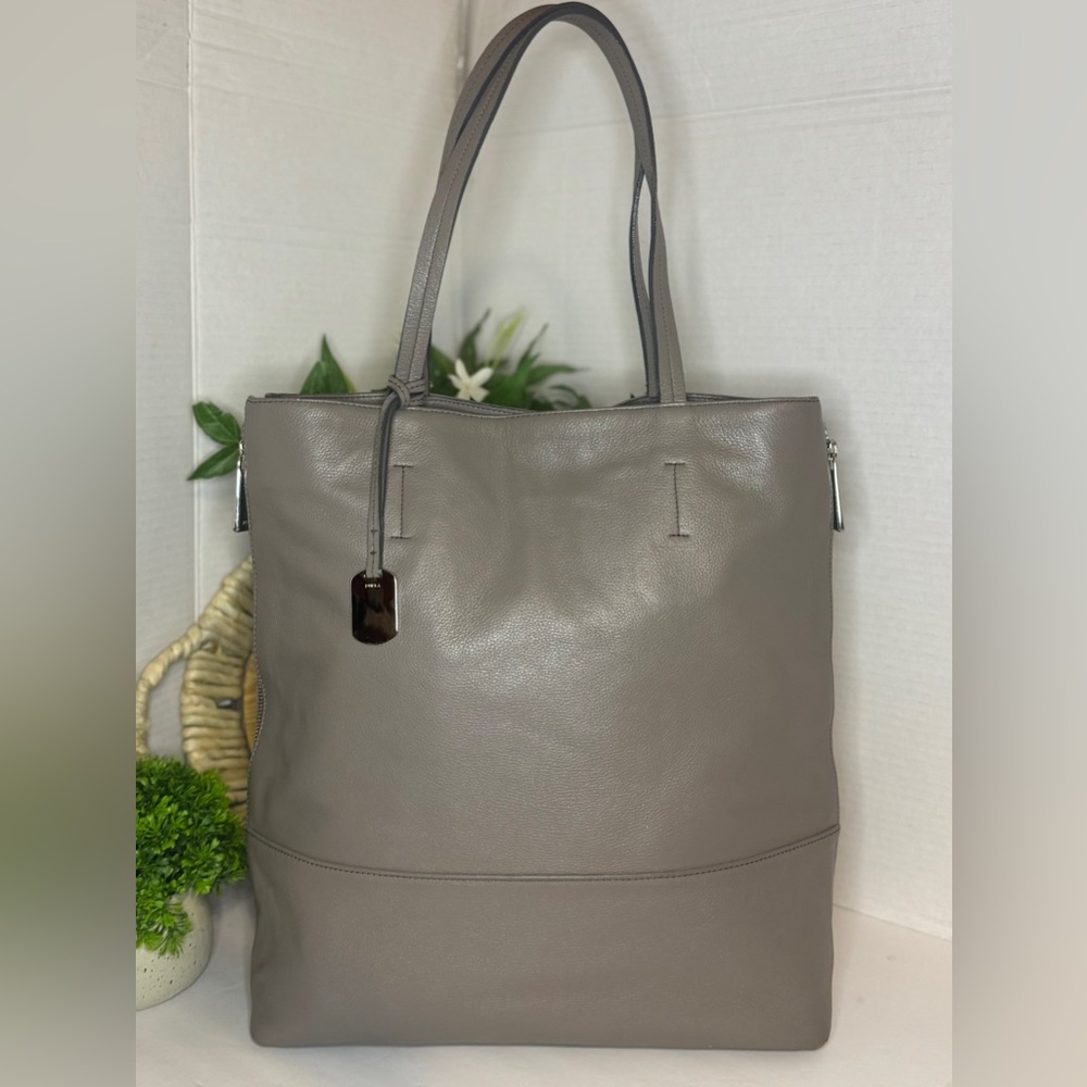 FURLA Soft Leather Grey Tote Bag with Zip Down Sides